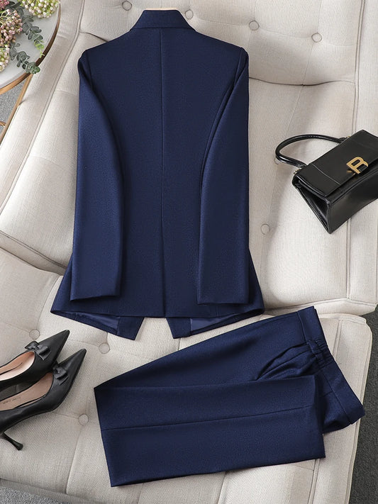 Maxy Gray Black Blue White Women's Pant Suit Long Sleeve Solid Ladies Blazer and Trouser Formal 2 Piece Set For Autumn Winter
