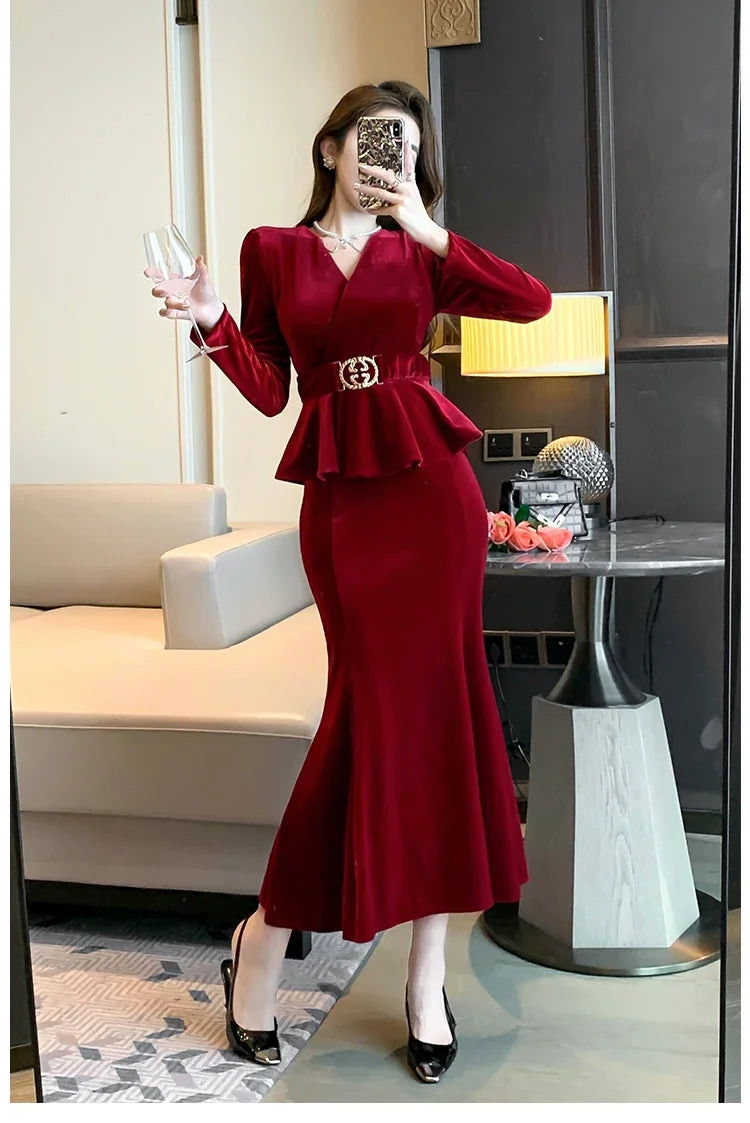 Babs Winter Red Velvet Chic Ruffled Bandage Long Dress Women Elegant Luxury Festival Dress Gown Korean Elegant Prom Dress