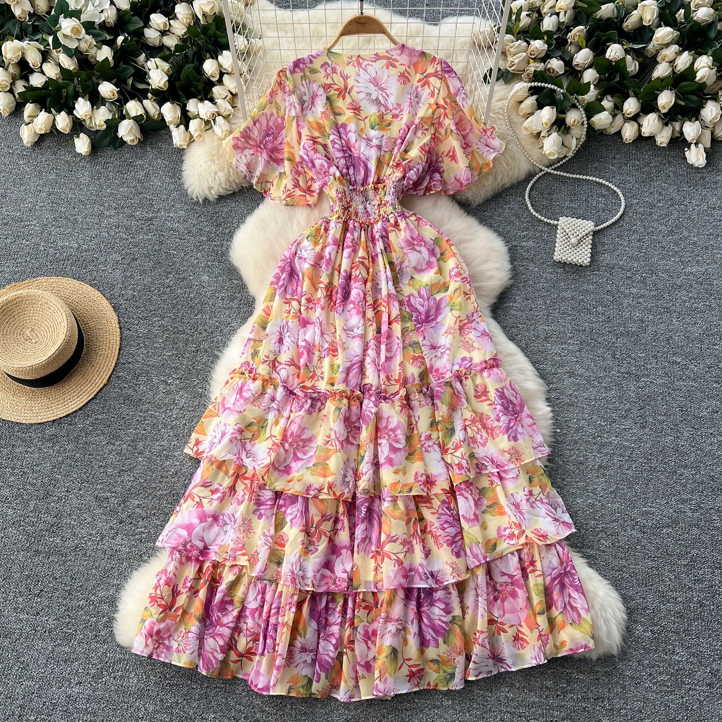 Maxy v neck Butterfly sleeve print elegant summer Dress A-line Flare Sleeve Vacation print Women dresses