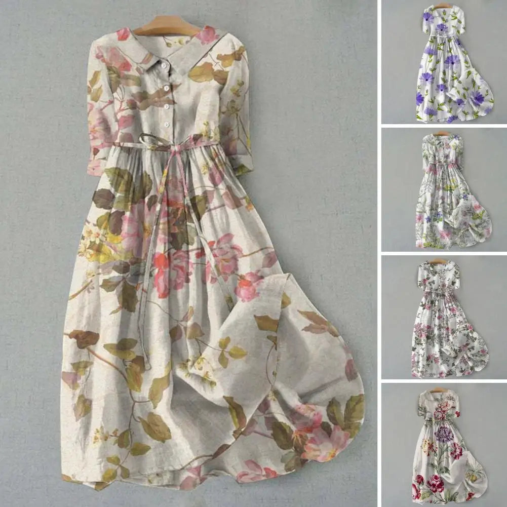 Babs Dating Dress Bohemian Style Dress Bohemian Style Pleated Lace-up Belt Midi Dress for Women Turn-down Collar A-line Loose