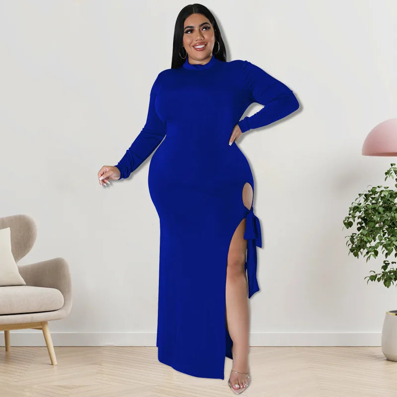 Maxy Plus Size Fall Clothing Women Long Sleeve Fashion High Slit Split Sexy Hollow Out Long Maxy Dress