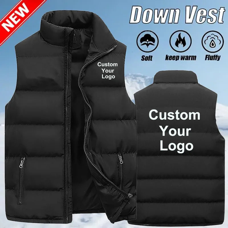 Visco Men's Custom Your Logo Zipper Warm Vest Casual Sports Stand Collar Sleeveless Jacket Winter Down Vest