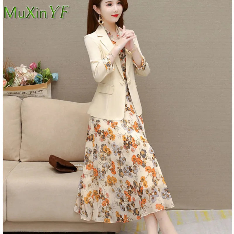 Korean Babs Elegant Suit Jacket Dress Set Women's Autumn New Fashion Blazer Coat Chiffon Floral Dresses Two Piece Female Clothing