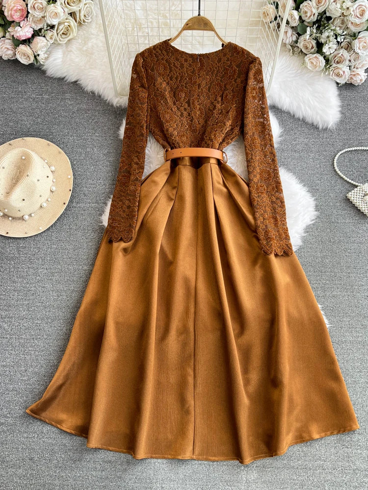 Macy Autumn Winter Elegant Women V-neck Lace Mesh Patchwork Midi Dress Vintage Lady Empire Slim A-line Dress with Belt