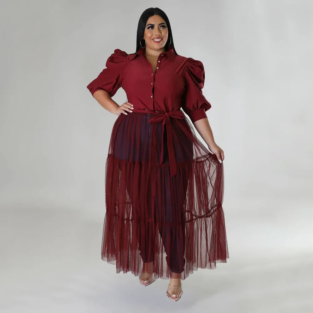 Babs Elegant Plus Size Women Big Swing Shirt Dress Sexy Mesh Patchwork Long Sleeve Single Breasted with Sashes Casual Dresses