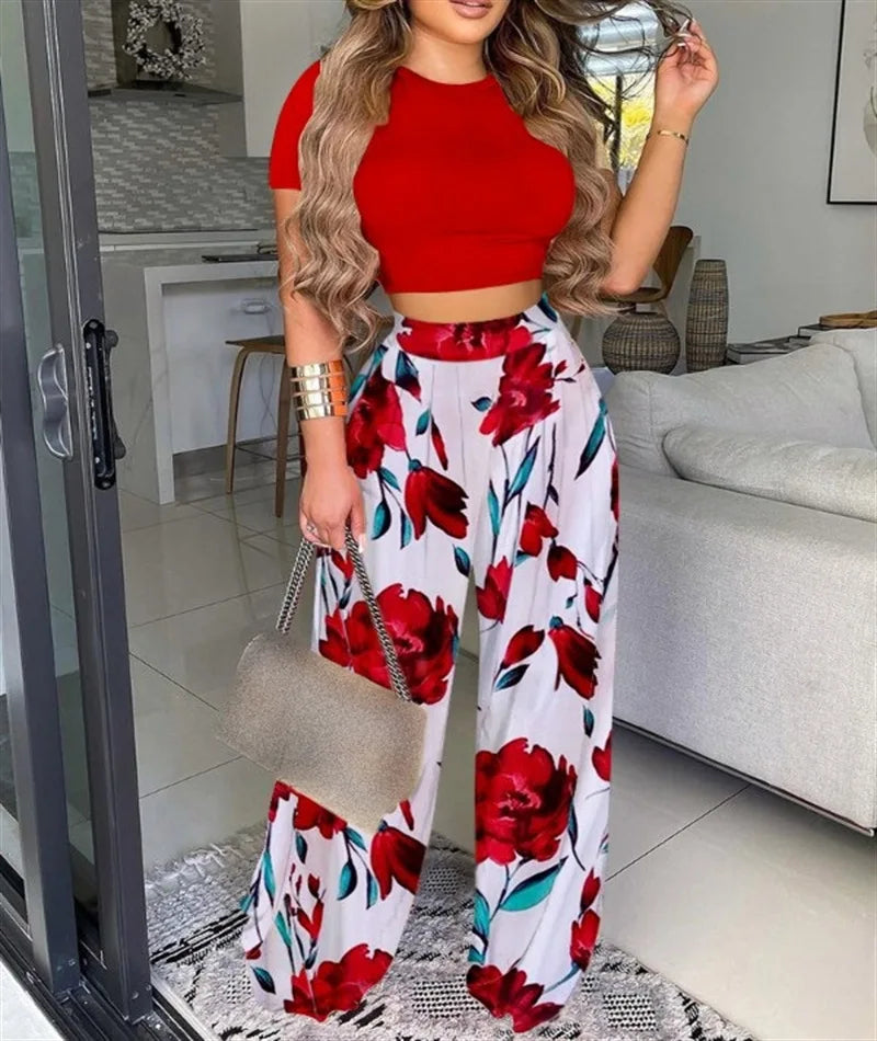 Women Print Pant Sets Two Piece Suit Round Neck Short Sleeve Tops Vests Wide Leg Trousers High Waist Pant Ladies Summer