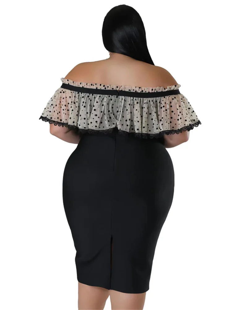 Maxy Plus Size Party Dress Women Clothing Solid Mesh Patchwork Off Shoulder Dress Fashion Outfits