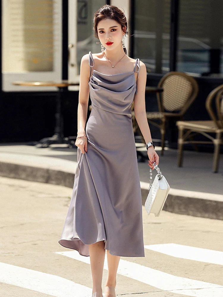 Babs Elegant Sling Satin Dresses for Women Summer Sleeveless Folds Purple Long Dress