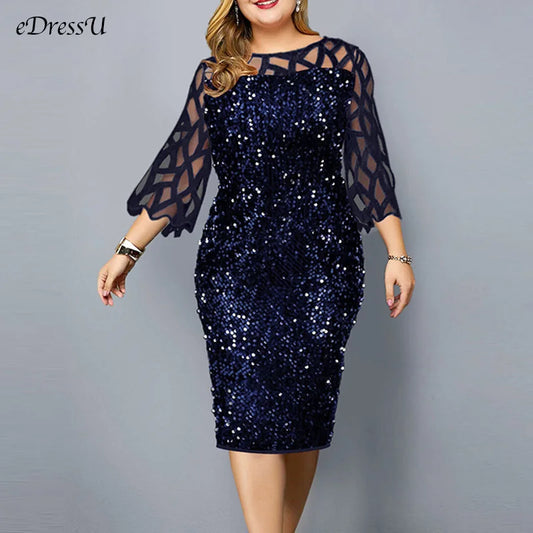 Maxy Women Sequins Lace Evening Party Dress 3/4 Sleeves Plus Size Mid-Calf Elegant Cocktail Formal dress