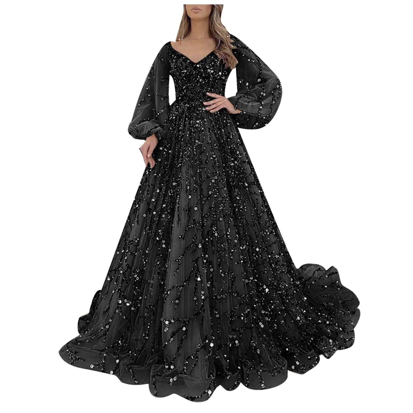 Zay Women's Elegant Cocktail Party Dress Sequins Mesh Evening Dress Long Lantern Sleeve V-Neck Floor Length Luxury Dresses