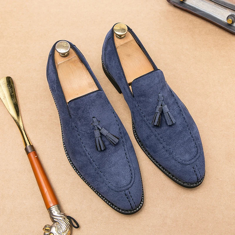 Visco Men's Loafers Brand Suede Leather Shoes Vintage Slip-on Classic Casual Men Driving Shoes Wedding Male Dress Shoes Tassel pointed
