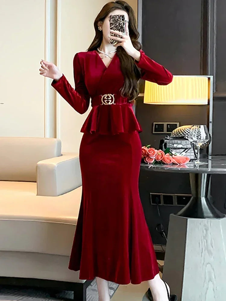 Babs Winter Red Velvet Chic Ruffled Bandage Long Dress Women Elegant Luxury Festival Dress Gown Korean Elegant Prom Dress