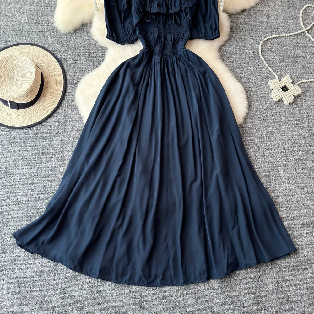 Babs Chic Elegant Square Collar Macy Dress Women Solid Short Puff Sleeve Dresses 2024 Korean Fashion Vintage Ruffle Vestidos