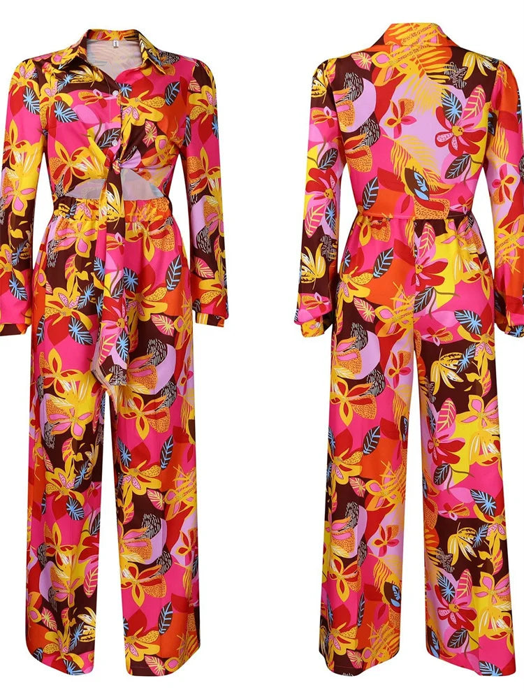 Maxy Two Piece Set Women's Clothing Pants Sets Print Button V Neck Top Wide Leg Pants Matching Summer gress