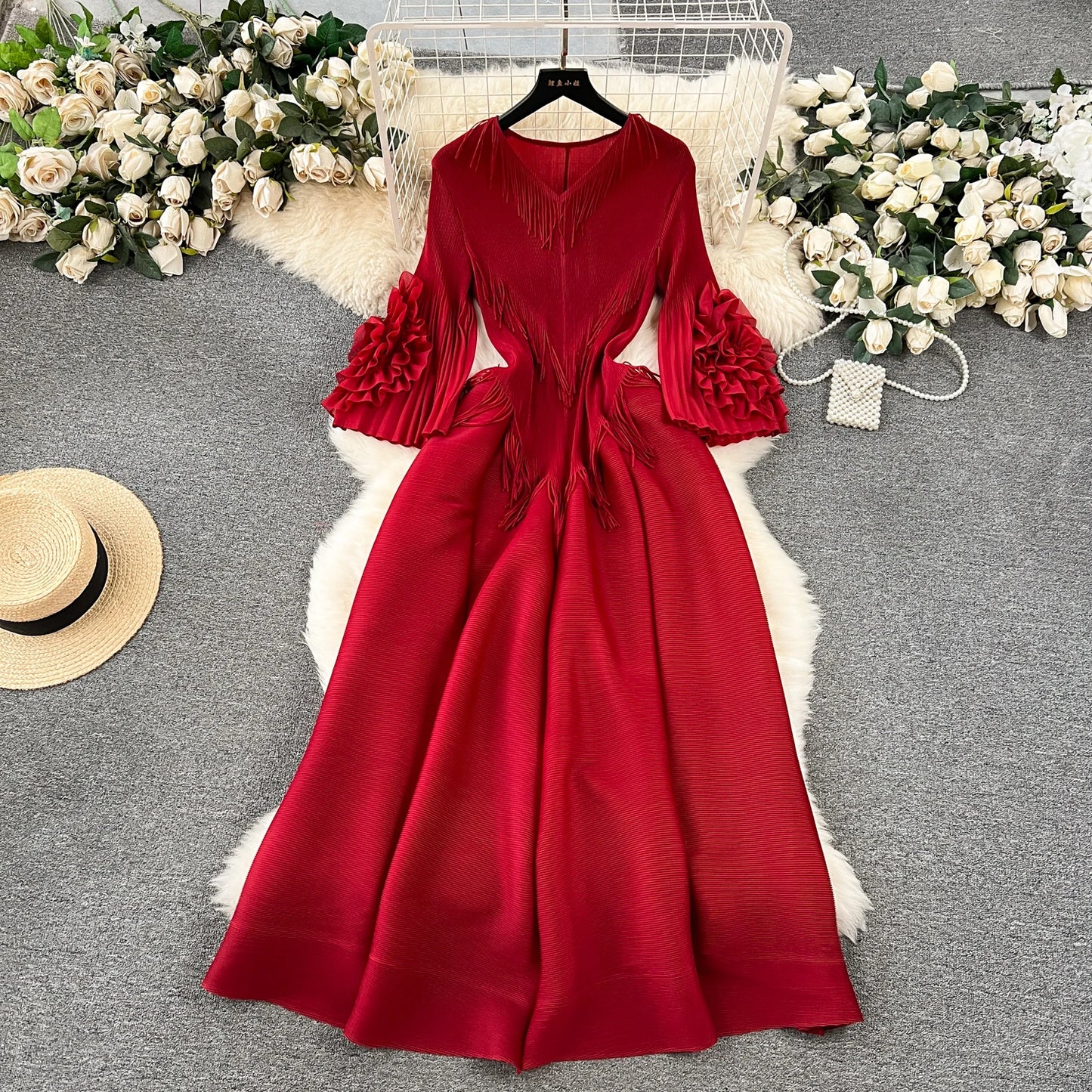 Vintage Elegant V-neck Flare Sleeve tassels pleated Dress A-line Fashion Beach Spring Summer Vestidos Women  Dresses