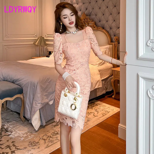 Summer 2024 Maxy new square collar water-soluble lace slim dress small children