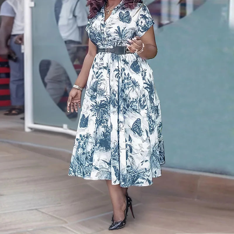 Amay Women Elegant Printed Party Dress Turn Down Collar Short Sleeve Pleated A-Line With Belt African Office Work Wear Plus Size 5XL