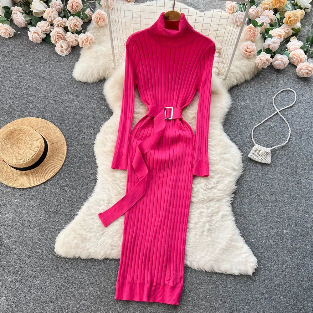 Babs Green Winter Turtleneck Sexy Women Dress Autumn Long Sleeve Skinny Macy  Bodycon Casual Sweater With Belt Party Club