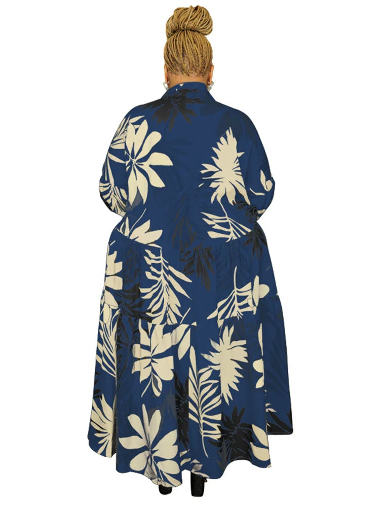 Maxy Plus Size Women Clothing Dresses Xl-5xl Flower Printed Long Sleeve Shirts Elegant Dress.