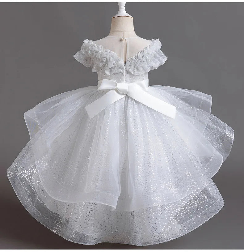 Maxy 2024, 4–12-Year-Old Summer Wedding Flower Girl Dress Trailing Sequin Tulle Party Dress Embroidered Elegant Trailing Cake Dress