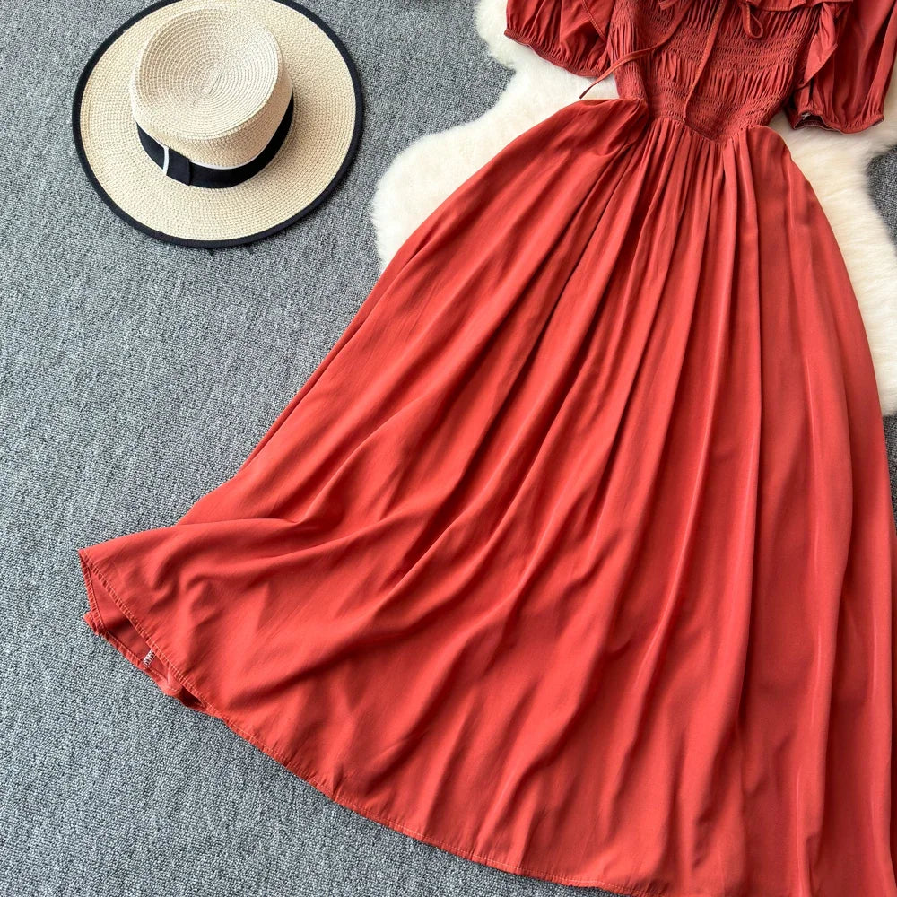 Babs Chic Elegant Square Collar Macy Dress Women Solid Short Puff Sleeve Dresses 2024 Korean Fashion Vintage Ruffle Vestidos