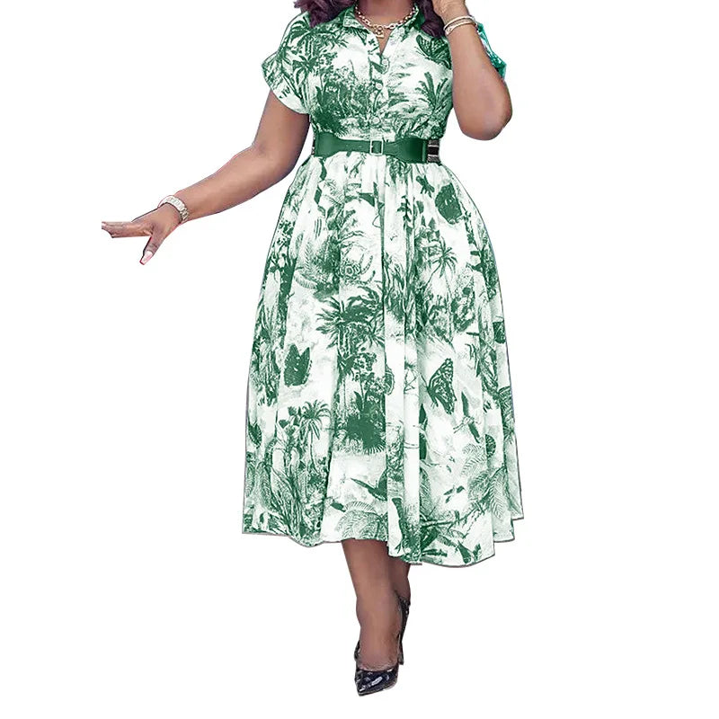 Amay Women Elegant Printed Party Dress Turn Down Collar Short Sleeve Pleated A-Line With Belt African Office Work Wear Plus Size 5XL