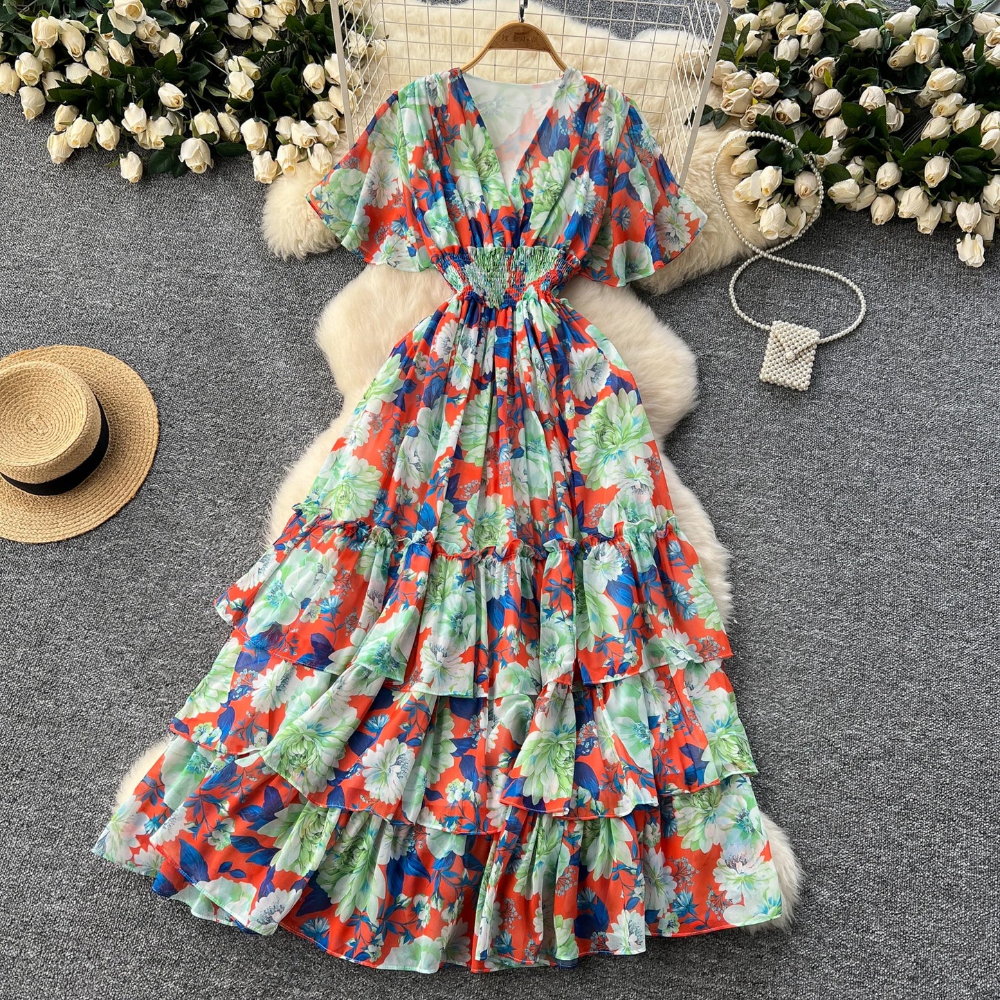 Maxy v neck Butterfly sleeve print elegant summer Dress A-line Flare Sleeve Vacation print Women dresses