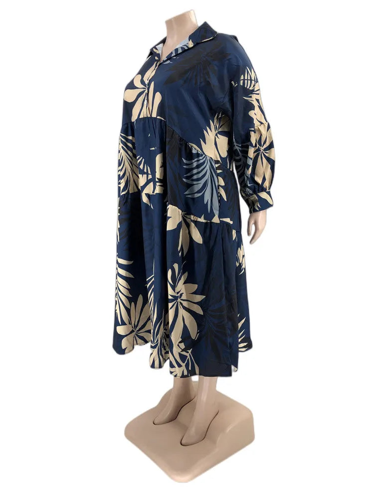 Maxy Plus Size Women Clothing Dresses Xl-5xl Flower Printed Long Sleeve Shirts Elegant Dress.