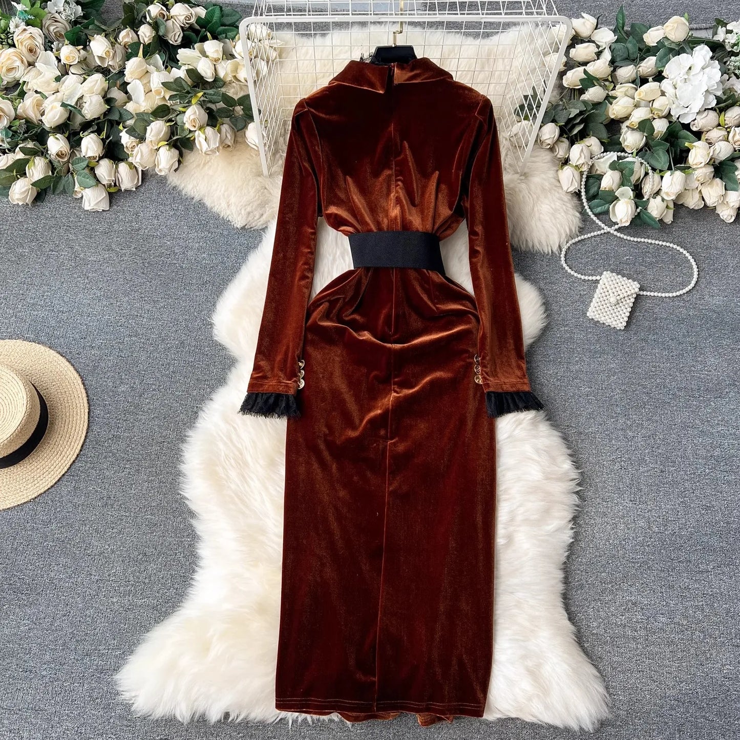 Babs Winter Luxury Velvet Dress Women Clothing Notched Lion Metal Buttons Split Letter Belt Thick Velour Long Party Vestidos