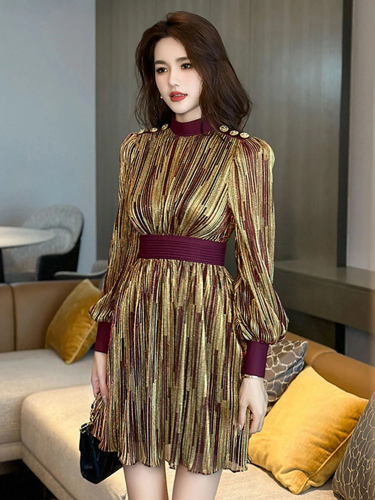 Babs New Elegant Luxury Lady Glitter Gold Evening Dress Women Clothing Chic Lantern Sleeve Slim Mini Short Party Gown