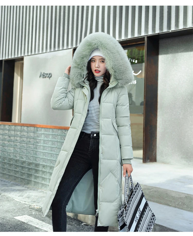 New Korean Gracy Down Cotton Coat Women Long Winter Puffer Parkas Thicken Warm Hooded Cotton-Padded Jacket Coat Zipper Overcoat