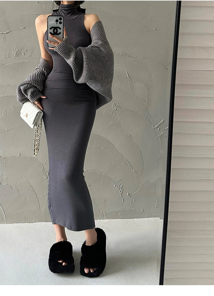 Maxy Red Fashion Sexy Turtleneck Midi Dress Women Party Club Ladies Bodycon Elastic Peach Hip Elegant Long Dresses for Woman