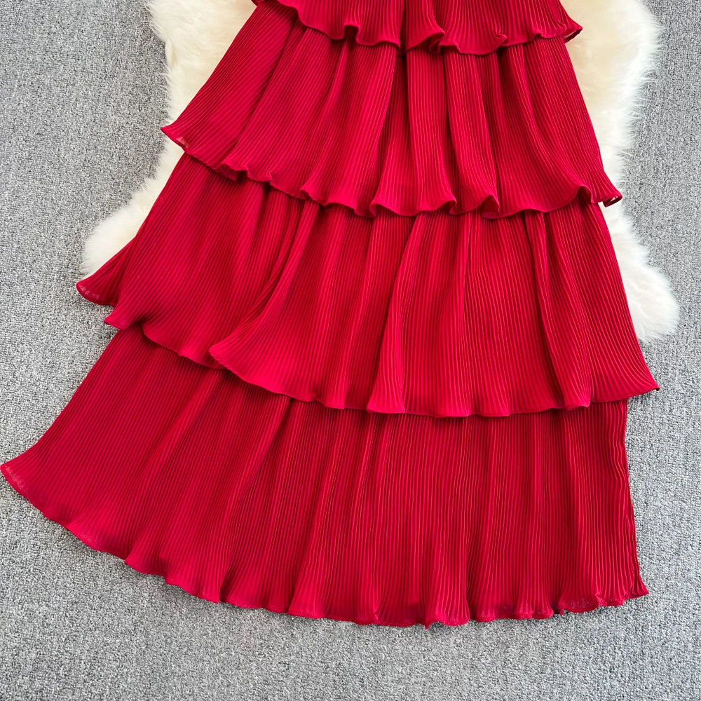 Babs Summer Beach Long Dress Women Elegant V-Neck Short Sleeve Cascading Ruffles Big Swing Female Red/Green/Pink Maxy Robe