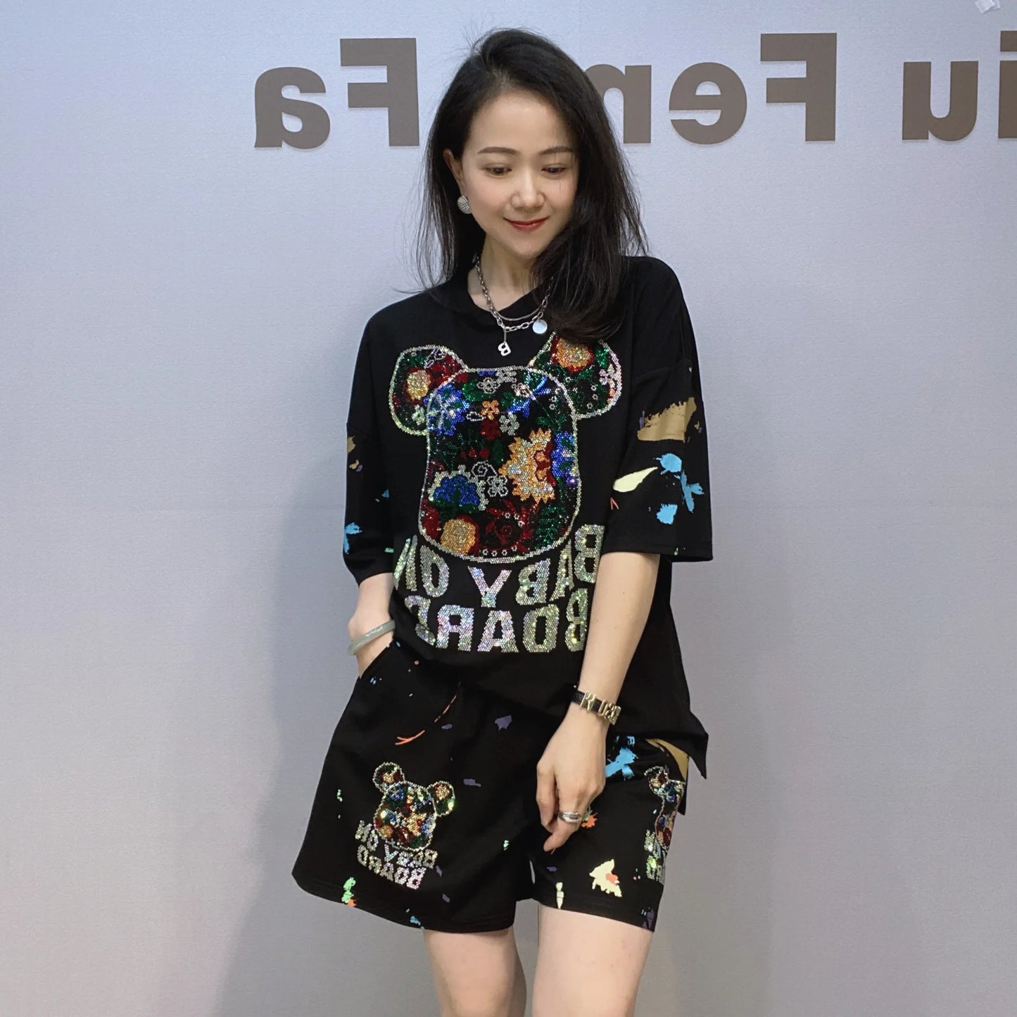 Maxy Two Piece Sets Women's Outfits Bear Cartoon Diamonds Summer Clothing Casual Tracksuit Short Sleeve Sports Suit Костюм Женский