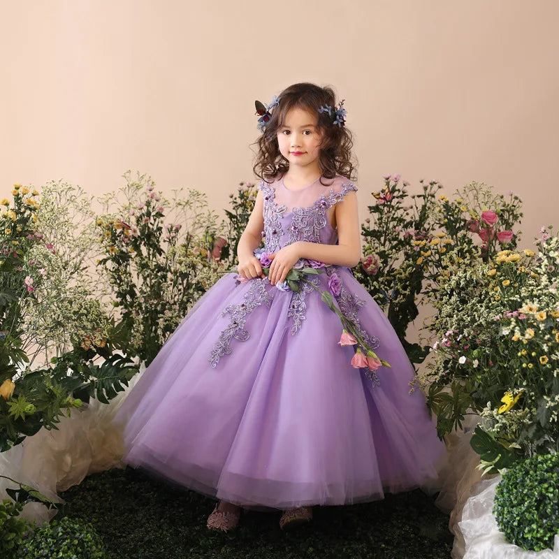 Macy Princess Kid Girls Prom Elegant Dress Tulle robe de Princess Tutu Piano Costume Purple Birthday Party Christmas Easter Host Dress Clothes