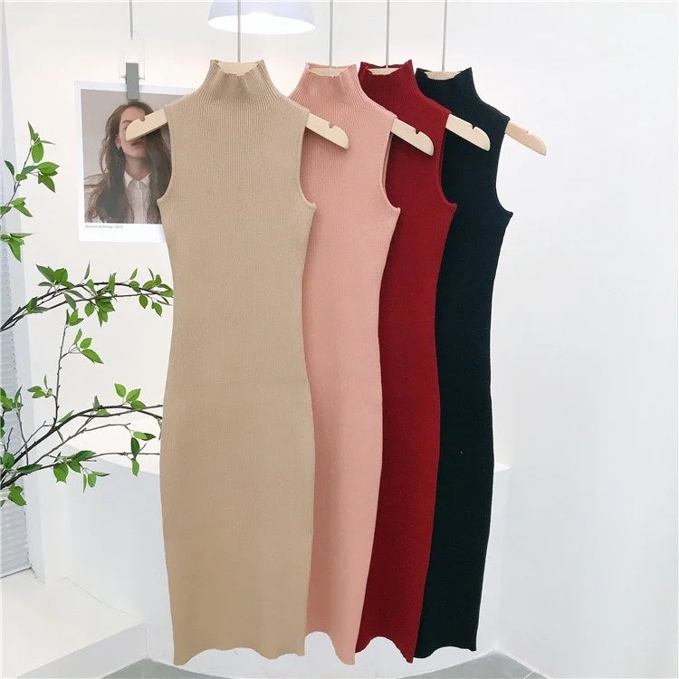 Maxy WOMEN GAGA French Turtleneck Sleeveless Knitted Dress Women Autumn Slim High Waist Mid Length Slim Hip Wrap Dresses Tops DH8G