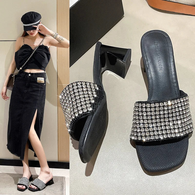 Maxy Sandals Woman Summer New Open Toe Rhinestone Chunky Heels High Heels Luxury Brand Designer Shoes Office Sexy Lady Slippers