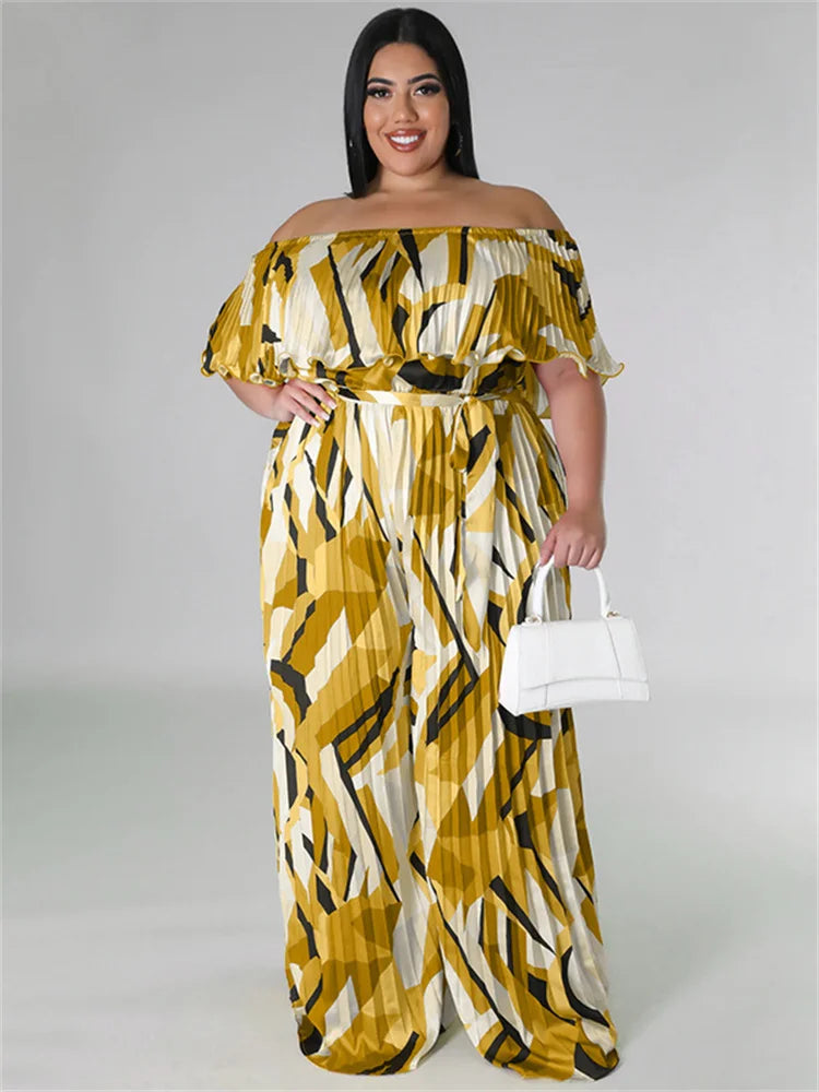 Maxy Plus Size Jumpsuit Women Clothing Pleated Wide Leg Off Shoulder Romper Printed One Piece Outfits