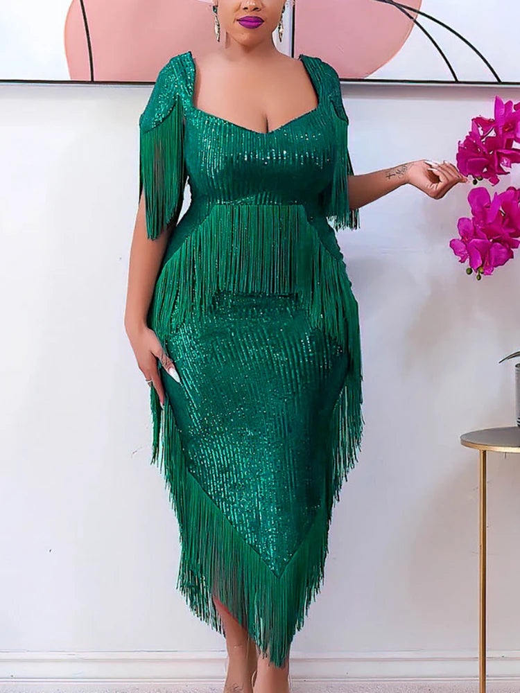 Summer Women Party Prom Dresses Sequin Tassels Hem Midi Bodycon Dress Plus Size Luxury Tunics Evening Night Outfits 4XL