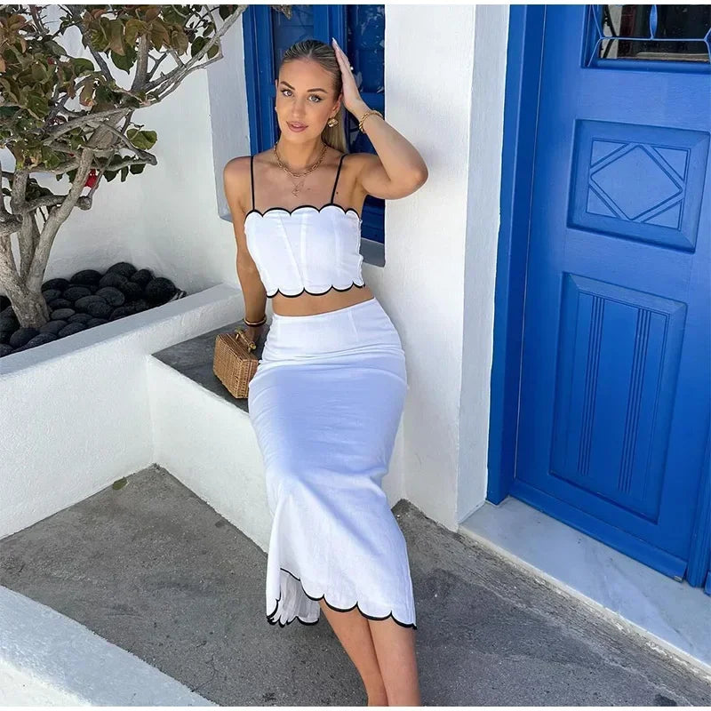 Babs Fashion Contrast Color Macy Skirt Sets Women Elegant Sling Crop Top High Waist Long Skirt 2 Pieces Set Summer Lady Street Outfit