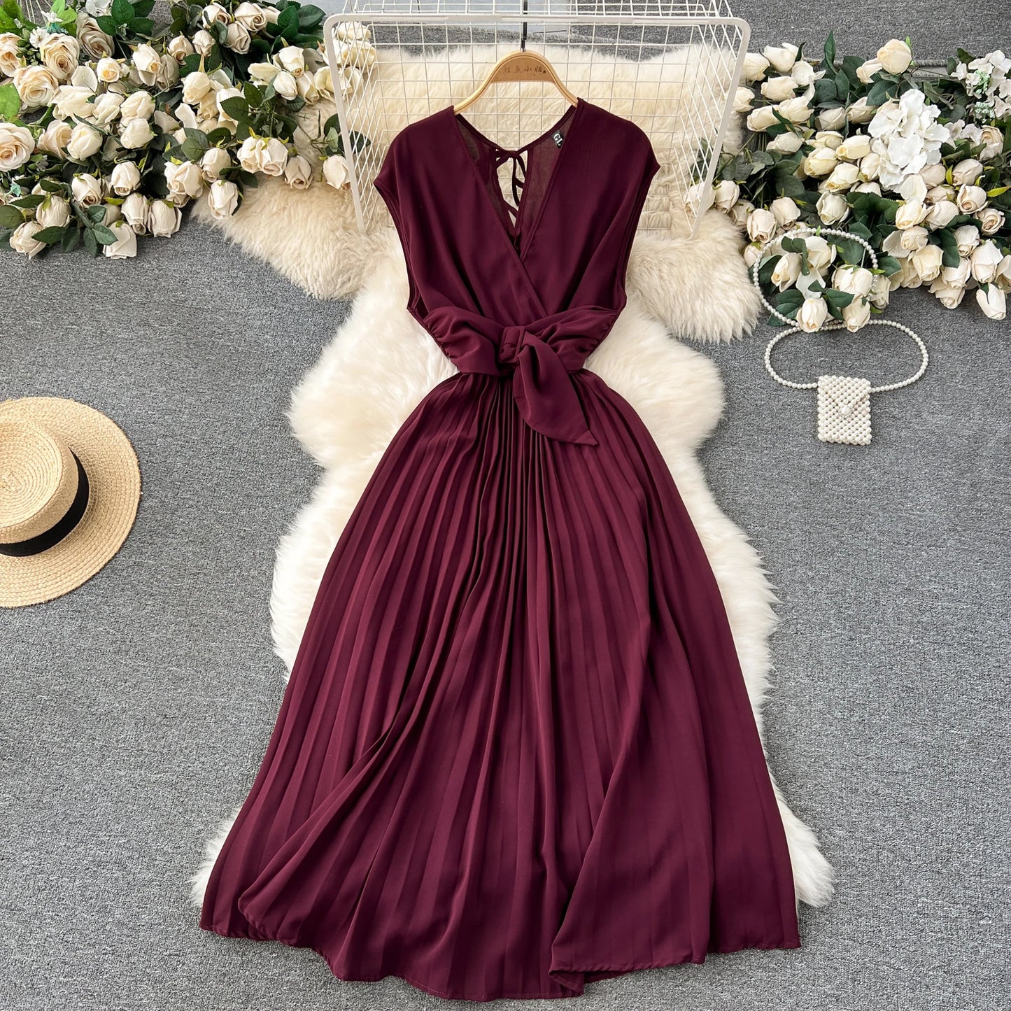 Babs French Vintage Elegant Pleated V-neck Dress A-line Fashion Chiffon Spring Autumn Sleeveless Vestidos Women Dresses