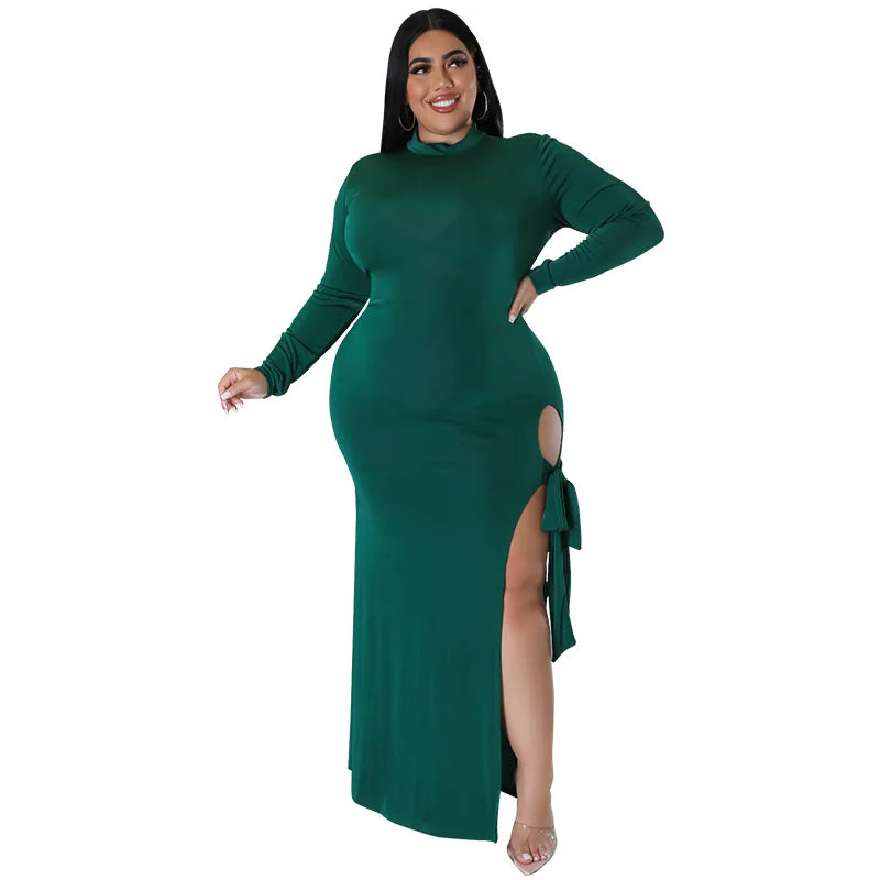 Maxy Plus Size Fall Clothing Women Long Sleeve Fashion High Slit Split Sexy Hollow Out Long Maxy Dress
