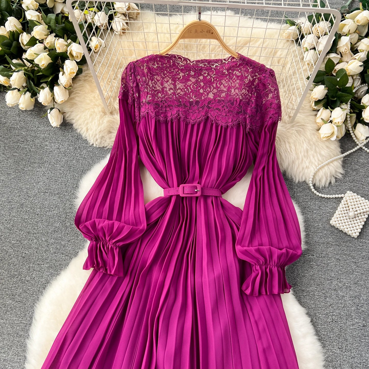 Spring Summer Women Hollow Out Lace Patchwork Pleated Long Dress Vintage Red/Blue/Purple Draped Maxi Vestidos Female Robe New