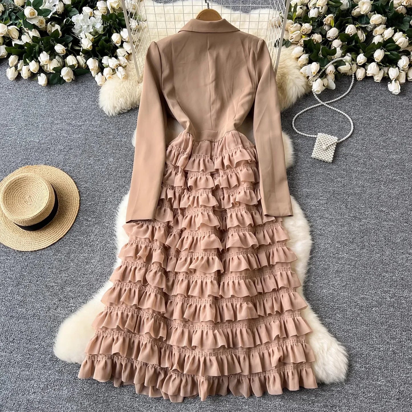 Zay Women Vintage Evening Party Dress Spring Autumn Lapel Long Sleeve Patchwork Mesh Layered Dresses Ladies Elegant Long Robe