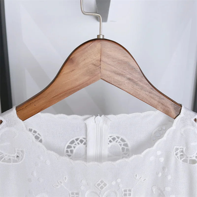 Momsey 2024 Spring Summer Women Dress Embroidery Hollow out White or Black Short Sleeve Female O-neck Midi Robe