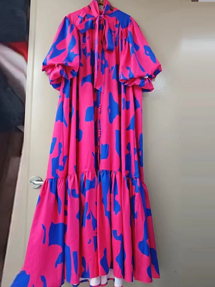 Maxy Elegant single-breasted bubble short sleeve geometric printing casual loose dress summer ladies temperament lace-up dress