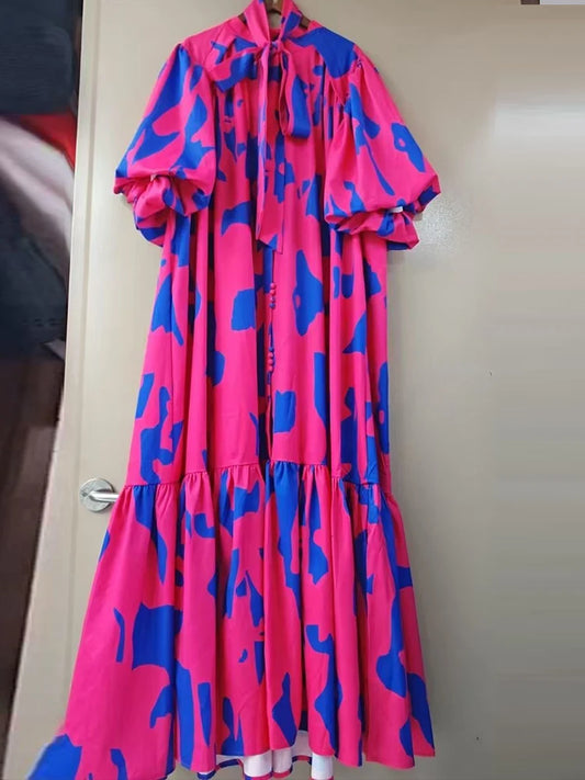 Maxy Elegant single-breasted bubble short sleeve geometric printing casual loose dress summer ladies temperament lace-up dress