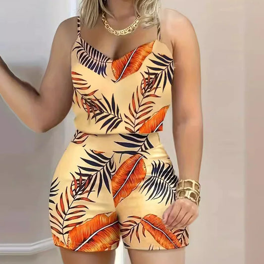 Summer New Women's Suit Top And Shorts Suit Summer Women's Two-piece Printed Suspender Casual Suit Beach Shorts