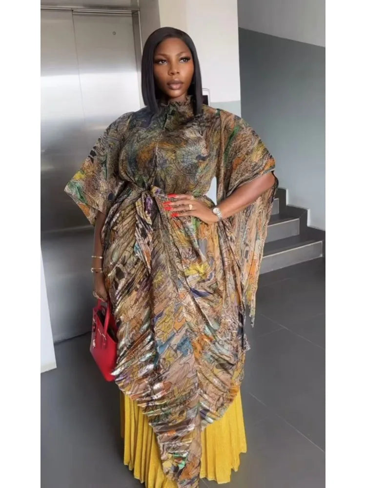 Maxy African Miyake pleated printed suit top + wide-leg straight pants two-piece fashion women's clothing summer new