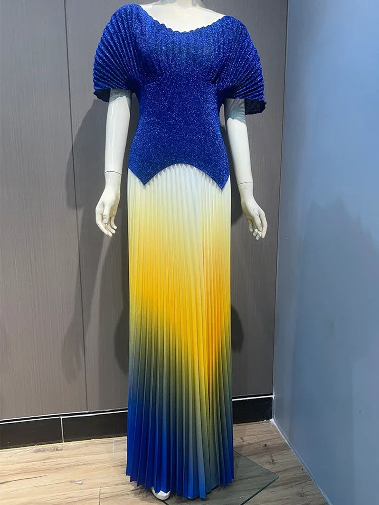 Maxy Pleated 2 Pieces Set Women Fashion V Neck Short Batwing Sleeves Irregular Hem T-shirt&New Gradient A-line Folds Long Skirt